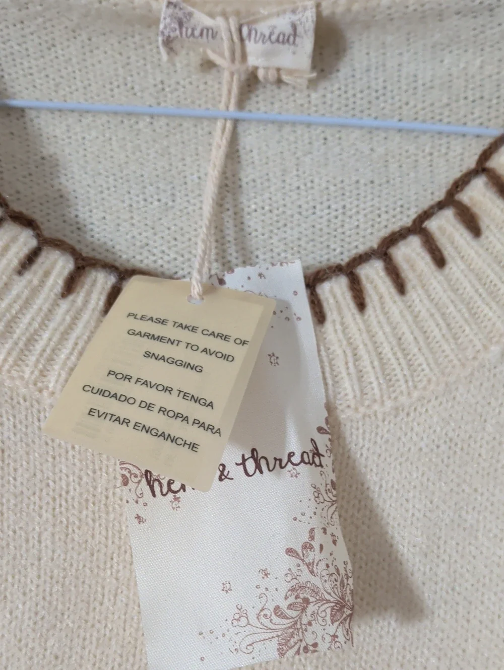 Hem & Thread Cream Knit Sweater with Brown‎ Horseshoe